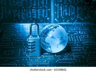 Lock and electronic printed circuit board with technology style against fiber optic background