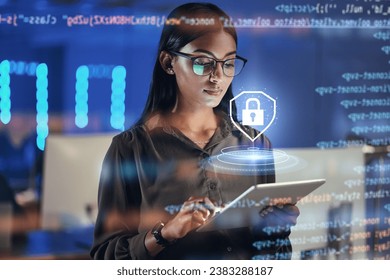 Lock hologram, tablet and woman with data analysis safety, software overlay and cyber security coding at night. Html, script and person reading with digital technology, gdpr and networking research - Powered by Shutterstock