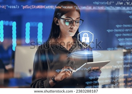 Lock hologram, tablet and woman with data analysis safety, software overlay and cyber security coding at night. Html, script and person reading with digital technology, gdpr and networking research