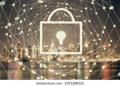 Lock icon hologram on city view with skyscrapers background multi exposure. Data security concept. - Shutterstock ID 2395288335