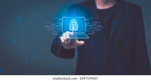 Lock icon and internet network security technology. Cybersecurity and privacy concepts to protect data.  Businessman protecting personal data on smartphone, virtual screen interfaces. cyber security.