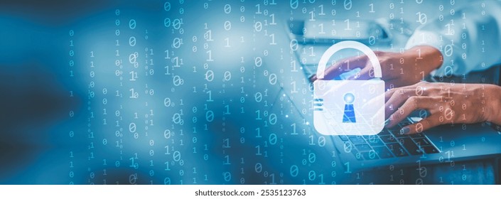 Lock icon and internet network security technology, Cybersecurity and privacy concepts to protect data, Businesswoman protecting personal data on computer, Cybersecurity.
