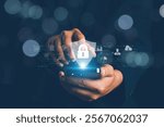 lock mark cybersecurity internet, protect attacks from a hacker. concept of password privacy on an online system, secure data from crime, virus cyber. cyber security technology digital information.