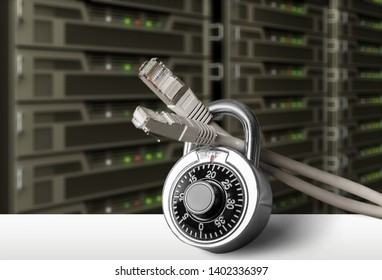 Lock and network cable on background.