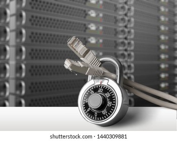 Lock and network cable on background.