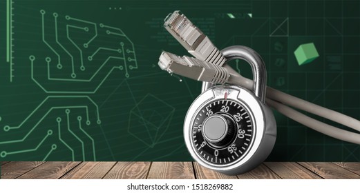 Lock and network cable on background.