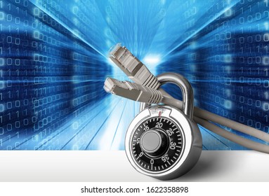Lock and network cable on the background.