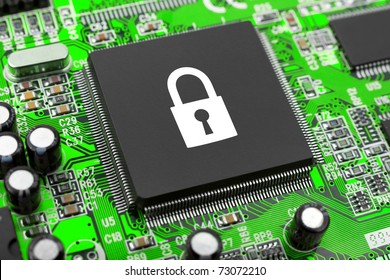 Lock on computer chip - technology security concept
