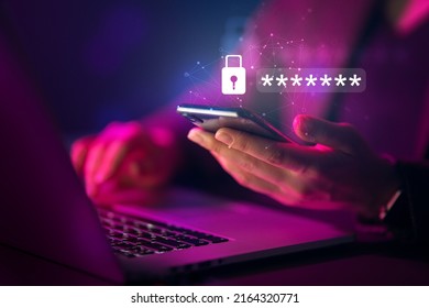 Lock the phone with a password for mobile cybersecurity or a password to confirm login in the online banking application. Cyber security threats. Laptop and smartphone. - Shutterstock ID 2164320771
