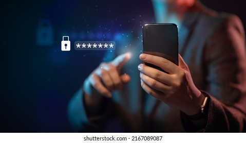 Lock the phone with a password for mobile cybersecurity or a password to confirm login in the online banking application. Cyber security threats.  - Shutterstock ID 2167089087