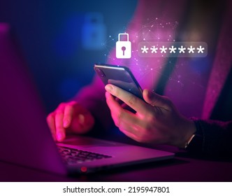 Lock the phone with a password for mobile cybersecurity or a password to confirm login in the online banking application. Cyber security threats. Laptop and smartphone. - Shutterstock ID 2195947801