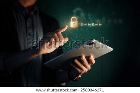 Lock the tablet pc with a password for cybersecurity or a password to confirm login in the online banking application. Cyber security threats. 