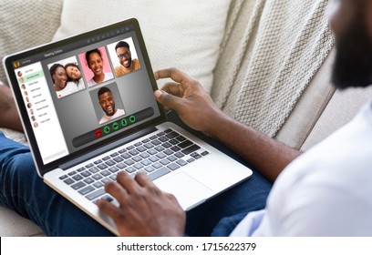 Lockdown Communication. African American Guy Having Video Conference With His Family At Home, Collage