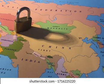 Lockdown End Travel Ban Coronavirus Covid-19 Virus Concept Padlock Lock Shadow Across Asia China India Burma Russia, Pakistan And Mongolia