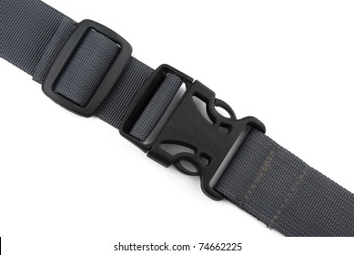 Locked Black Plastic Buckle On Strap Isolated On White