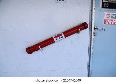 A Locked Fire Safety Plan Box On A Red Wall For Information For Fire Fighters On Ship Or Dock