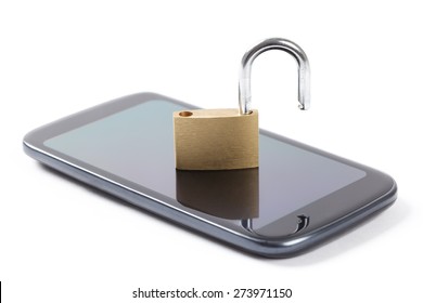 Locked Padlock Put On A Phone's Display Isolated On White Background. Conceptual Photo Symbolizing Free And Unlimited Usage. Also Unprotected Data.