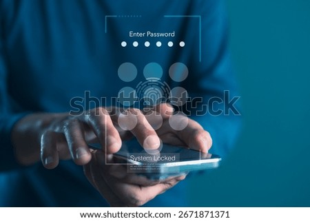 Locked system login interface on smartphone with hand entering password and fingerprint icon, for digital security, biometric authentication, access control, and privacy protection