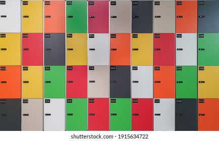 Locker cabinet with locks and numbered lockers in various colors, perpendicular lines