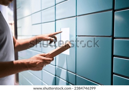 Locker parcel service. Package delivery to post mail box machine. Packet automat in postal office. Man using touchscreen. Pick up at storage. Collection at smart shipping terminal by customer.