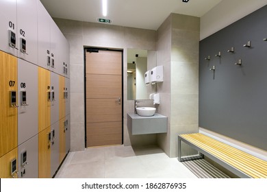 Locker Room Interior With Key Card Access To Locker In Gym Fitness Center