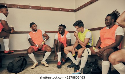 Locker room, motivation and rugby team laughing together in strategy discussion or game plan. Training, fitness and group of winning sports players planning teamwork, happy men in cloakroom together. - Powered by Shutterstock