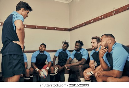 Locker room, motivation and rugby team with coach or captain in strategy discussion or game plan. Training, coaching and group of sports players planning teamwork with leader in cloakroom together. - Powered by Shutterstock