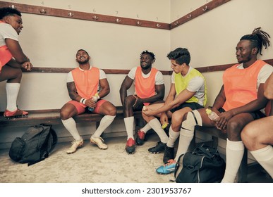 Locker room, motivation and rugby team building, happy friends in strategy discussion or game plan. Training, teamwork and group of winner sports players talking and sitting in cloakroom together. - Powered by Shutterstock