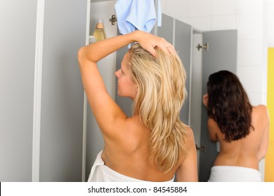 Locker Room Two Relaxed Women Wrapped In Towel Going Shower