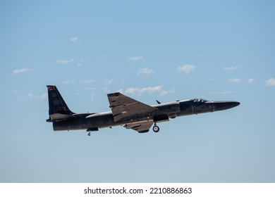 Lockheed U2 “The Dragon Lady” American Surveillance Aircraft Level Flight In Blue Cloudy Skies. Photo Taken In San Diego California On 9-23-22.