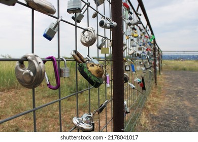 Locks on fence outside Marfa Texas