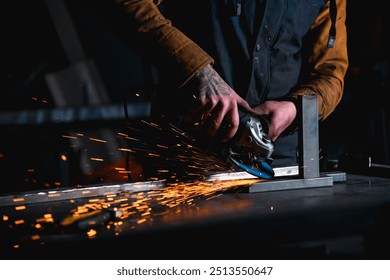 Locksmith sharpening metal with angle grinder on dark workbench	 - Powered by Shutterstock