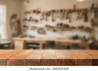 Locksmith workshop with empty wooden workbench for product placement or mockup presentations. Blurred wall with various tools hanging on hooks and shelves. Craftsmanship, DIY, tools, industry concept.
