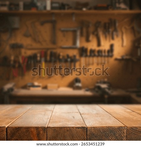 Locksmith workshop with empty wooden workbench for product placement or mockup presentations. Blurred wall with various tools hanging on hooks and shelves. Craftsmanship, DIY, tools, industry concept.