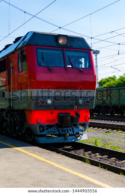 Locomotive\
goes on rails. Russian train. Russian\
railway.