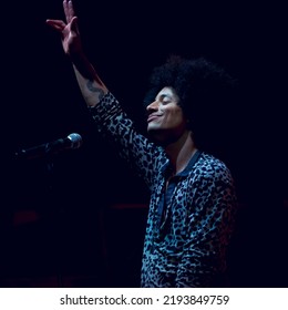 Locorotondo, Italy-July 28, 2019: José James Greets The Audience At The End Of The Concert On The Stage Of The Locus Festival, Free Concert In The Square With Free Access, Square Format Of The Photo.