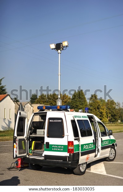 LODI, ITALY - OCTOBER 3:\
Checkpoint control and alcohol during a demonstration in the city\
of Lodi, Italy on October 3, 2011. Monitoring police Safety\
Camera