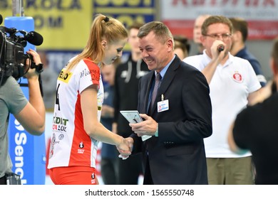 LODZ, POLAND – 11 15 2019: Polish Women's Volleyball League LKS Commercecon Lodz - Volley Wroclaw. MVP For Joanna Pacak (LKS).