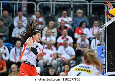 LODZ, POLAND – 12 01 2019: Polish Women's Volleyball League LKS Commercecon Lodz - Wisla Warszawa. Katarina Lazovic Attacks.