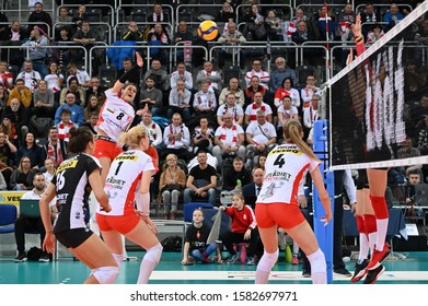 LODZ, POLAND – 12 01 2019: Polish Women's Volleyball League LKS Commercecon Lodz - Wisla Warszawa. Katarina Lazovic Attacks.