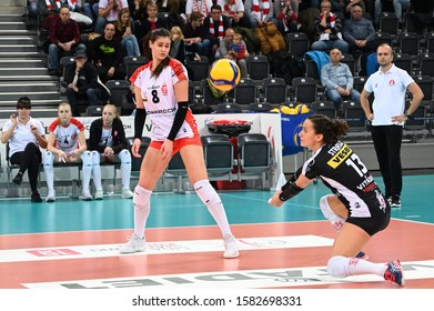 LODZ, POLAND – 12 01 2019: Polish Women's Volleyball League LKS Commercecon Lodz - Wisla Warszawa. Lazovic, Strasz (LKS).