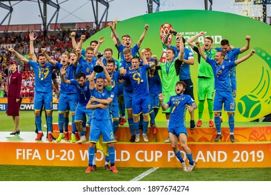 LODZ, POLAND - 15 June, 2019:  FIFA U-20 World Cup Poland 2019, Final Match, Ukraine - South Korea O.p Ukraine U20 Team Celebrate Winning FIFA U-20 World Cup