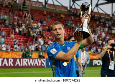 LODZ, POLAND - 15 June, 2019:  FIFA U-20 World Cup Poland 2019, Final match, Ukraine - South Korea o.p 
Valeriy Bondar holds a trophy