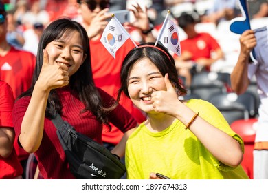 LODZ, POLAND - 15 June, 2019:  FIFA U-20 World Cup Poland 2019, Final Match, Ukraine - South Korea O.p Fans Of South Korea Thumbs Up