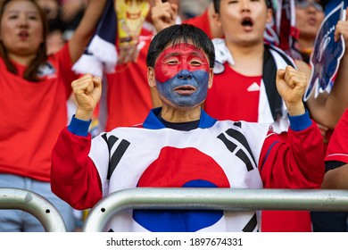 LODZ, POLAND - 15 June, 2019:  FIFA U-20 World Cup Poland 2019, Final match, Ukraine - South Korea o.p A fan of South Korea with flag
