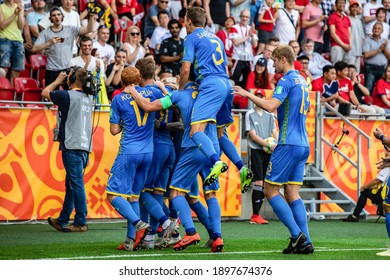 LODZ, POLAND - 15 June, 2019:  FIFA U-20 World Cup Poland 2019, Final Match, Ukraine - South Korea O.p Players Of Ukraine U20 Team Celebrate A Goal
