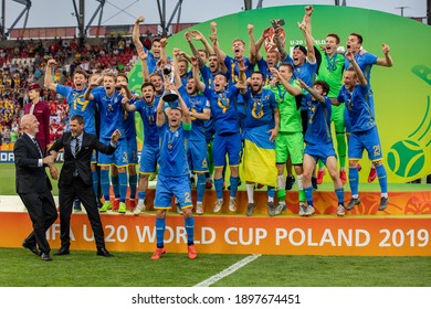 LODZ, POLAND - 15 June, 2019:  FIFA U-20 World Cup Poland 2019, Final Match, Ukraine - South Korea O.p Ukraine U20 Team Celebrate Winning FIFA U-20 World Cup