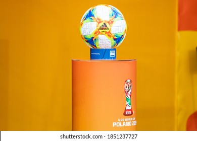 LODZ, POLAND - 24 MAY, 2019:  FIFA U-20 World Cup Poland 2019, Uruguay - Norway, o/p official ball of FIFA U-20 World Cup in Poland