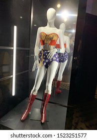 Lodz, Poland - 28 September 2019: Wonder Woman Costume DC Universe Dawn Of Justice Exhibition