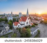 Lodz, Poland. Aerial view of St. Mathew Church (Kosciol sw. Mateusza) on sunrise